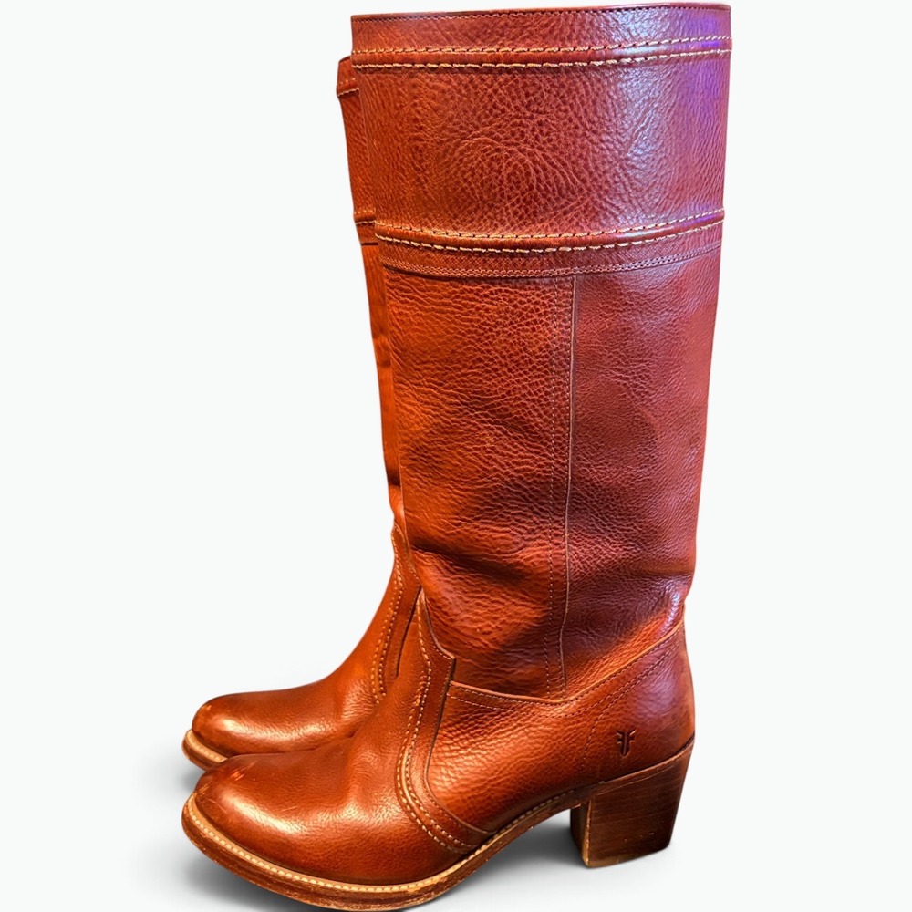 VTG Frye Campus Cognac Leather Tall  Riding Boots Cuff Stacked Block Heel 77230